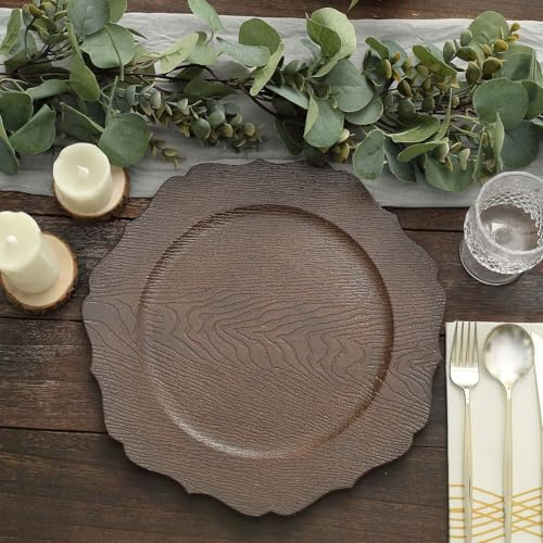 Efavormart 6 Pack | 13 Rustic Brown Wooden Textured Acrylic Charger Plates With Scalloped Rim