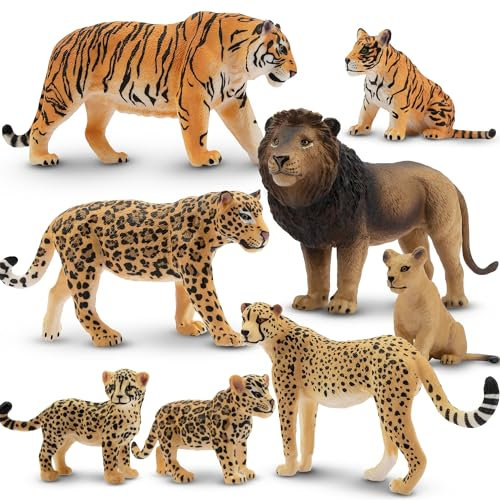 toymany 8PCS Plastic Jungle Animals Figure Playset Includes Baby Animals, Realistic Lion,Tiger,Cheetah,Jaguar Figurines with Cub, Cake Toppers Christmas Birthday Toy Gift for Kids Toddlers