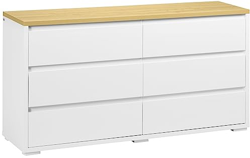 HOMCOM Cassettiera a 6 Cassetti in Truciolato Bianco per Camera da Letto, Studio e Soggiorno, 140x37x75cm