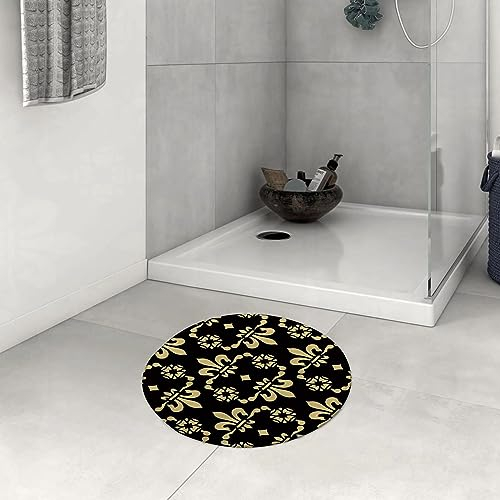 DHAEY Badezimmerteppich rutschfest Französische Schwarze und goldene Vintage mittelalterliche Fleur de Lis Waschbar Teppich rund Weich Flauschig Badteppich Weich Kurzflor Mikrofaser Badvorleger 60 cm