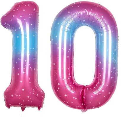 Ponmoo 40 inches Foil Balloons Numbers 10 Pink-Blue Gradient (101cm), Inflatable Helium or Air, Giant Balloon Number 0-9, 10-100, Grand Balloons for Anniversary Wedding Birthday Party Decoration