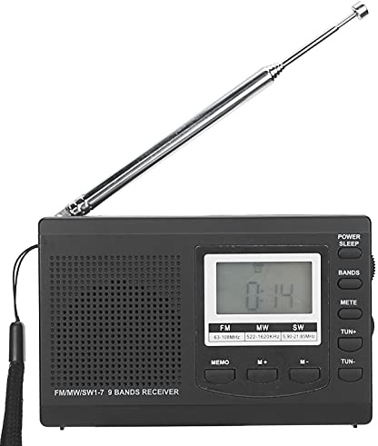 ASHATA Radio Portátil, HRD‑310 Mini Radio Estéreo Receptor FM/MW/SW con Reloj Digital Auricular de 3,5 Mm, Radio Estéreo FM con Auricular Interno Y Cordón