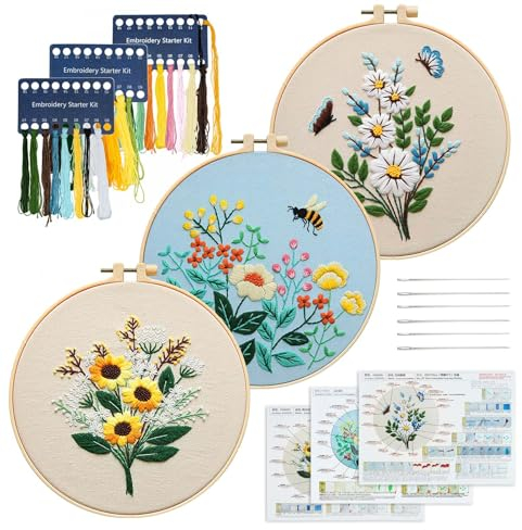 XM-GENYUE Anfängerstickset für Erwachsene, Stickset mit Schmetterlingsmotiven, enthält 3 Stickrahmen, Stoff, Fäden und Nadeln, geeignet für Handarbeitsliebhaber zum Erlernen von Sticktechniken
