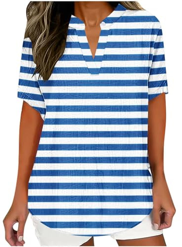 Maglietta Donna Cotone a Righe Maglietta Donna Oversize a Maniche Corte con Scollo a V Magliette Casual Allentate Pullover Top Maglietta Estiva Donna Magliette in Classico Donna Traspirante Casual Top