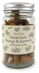 East of India Jar of Incense Cones Geranium, Orange & Lavendar Scent (35 Pack) Fragrance For Relaxation Meditation Home and House Décor Aromatherapy