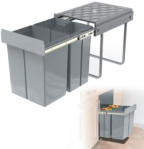Froadp Cubo de basura para encimera de cocina con 3 compartimentos extraíbles, sistema de separación de basura con tiradores telescópicos de extracción total 48 x 34,2 x 41,8 cm - 2x10L+1x20L