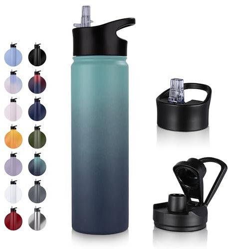 UMBFUN Edelstahl Trinkflasche - 750ml - mit Strohhalm,Auslaufsicher,Kohlensäure Geeignet,BPA frei Thermosflasche(+2 Deckel) Vakuum Doppelwandisolierung für Sport,Reisen,Camping,Schule,Fahrrad,Gym