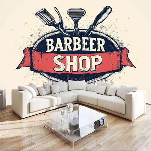 Papel Pintado Pared Panorámico Logotipo Retro Barbería Tijeras 300 x 210 cm Fotomurales No Tejido, Murales Decoración de Pared, Póster Gigante de Pared Personalizado 3D Para Salón Dormitorio