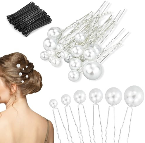 Juego de 18 horquillas para el pelo con perlas de novia, pinzas para el pelo con perlas en forma de U, para bodas, damas de honor, niñas (oro), con 50 clips planos negros