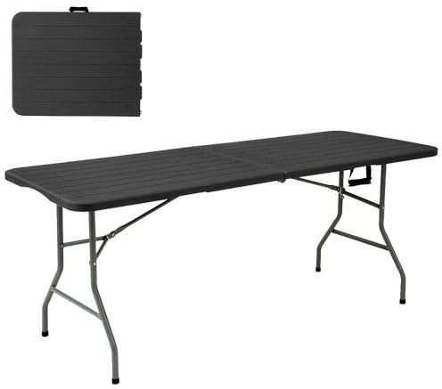 LOLAhome - Mesa Plegable maletín Gris Oscuro Efecto Madera de 180x74 cm, Resistente y fácil de Montar, con Estructura de Acero anticorrosión y HDPE. Ideal para Exterior, Catering, terraza y Eventos