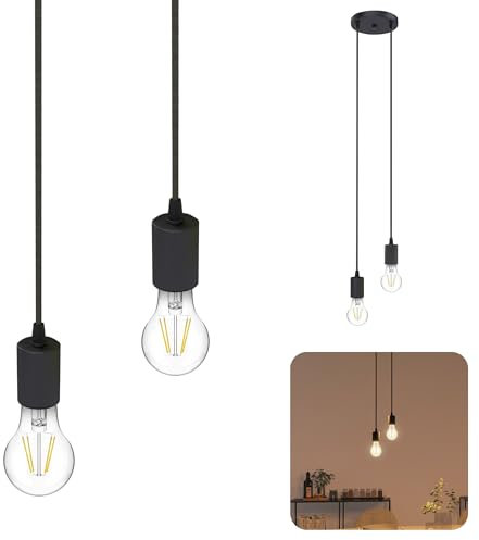 SSC-LUXon PARU - Lampadario a sospensione, rotondo, nero, E27, bianco caldo, a due luci, cavo in tessuto, regolabile in altezza, lampada da tavolo da pranzo