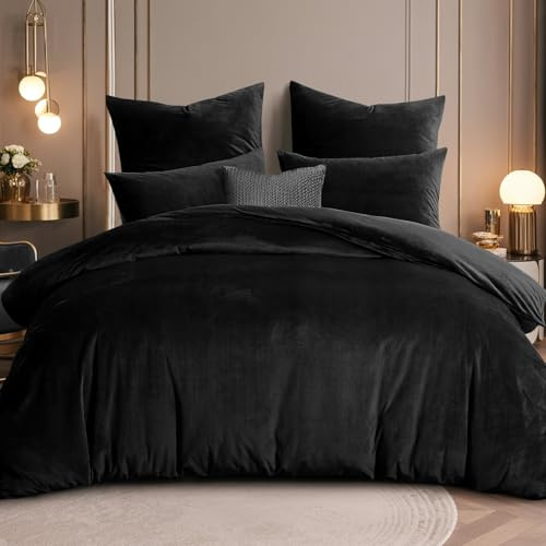 RUIKASI Biancheria da letto in flanella, 220 x 240 cm, calda biancheria da letto invernale in pile, set copripiumino con 2 federe da 80 x 80 cm (220 x 240, nero)