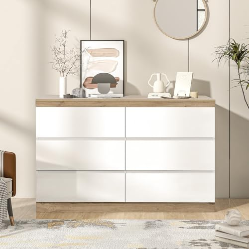 Gelukueub Cómoda con 6 cajones, compartimento con cerradura, función de almacenamiento, para dormitorio y sala de estar, tablero de partículas E1, blanco+roble