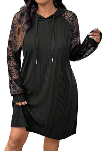 SweatyRocks Abito da donna Curvy con cappuccio, a maniche lunghe, con maniche in pizzo, per il tempo libero, lunghezza al ginocchio, a maniche lunghe, in maglia a costine, per autunno, Nero , 3XL