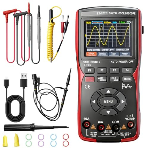 Osciloscopio portátil, multímetro digital 9999 recuentos, osciloscopio de 10 MHz de ancho de banda, 48 MSa/s de tasa de muestreo, probador de corriente, osciloscopio LED con sonda, función de