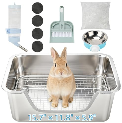 BWOGUE Stainless Steel Rabbit Litter Box with Sifting Tray, Metal Grids Bunny Litter Box, Small Animal Toilet Pan Steel Grid for Adult Guinea Pigs, Chinchillas, Ferrets, Easy to Clean, Odor Control