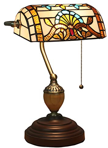 YRYRYW Style Stained Glass Bankers Lamp Antique Bedside Table Lamp Handgjorda pianolampor med zinklegeringsbas för cafébar vardagsrum, en Household faucets