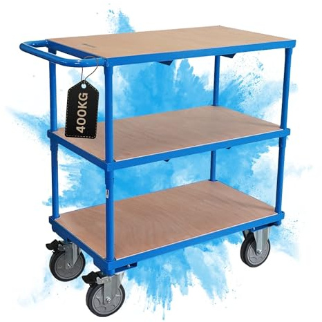 PROREGAL Profi Tischwagen Transportwagen Handwagen Materialwagen mit 3 Etagen | HxBxT 99x98x50cm | Traglast 400 kg | 2X Lenkrollen mit Feststellbremse & 2X Bockrollen | Lichtblau