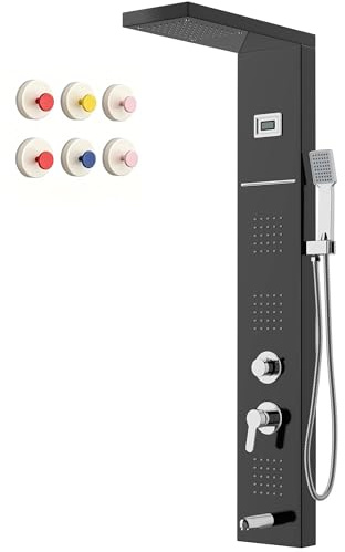 STANEW - Colonna doccia idromassaggio, display a LED temperatura, rubinetto 5 funzioni, pioggia, cascata, massaggio, beccuccio da bagno e soffione doccia con tubo, acciaio inossidabile spazzolato 1100