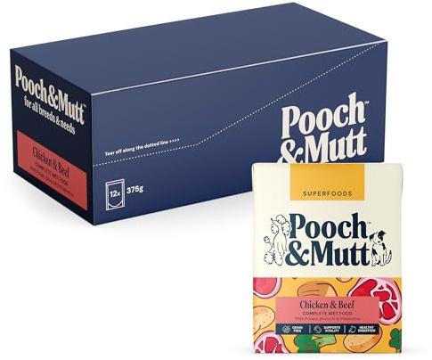 Pooch & Mutt - Chicken & Beef, Complete Wet Dog Food Grain Free, Dry Dog Food Topper, 12x375g (packaging may vary)