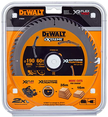 DeWalt DT99564-QZ - Hojas para Sierra Circular portátil XR Extreme RUNTIME 60D 25º, Negro/Amarillo, 190/30mm 60WZ/FZ