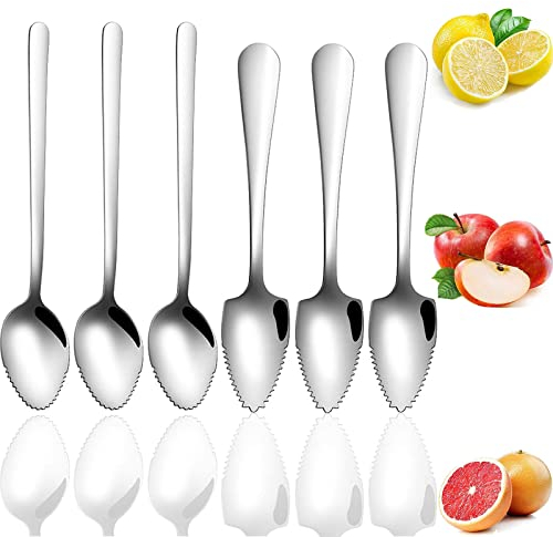 6 PCS Cucchiaio da Frutta in Acciaio Inossidabile/Cucchiaio da Frutta a Triangolo【Banda Seghettata】 17cm/15,5cm Adatto per Mela, Kiwi, Papaia, Arancia e Gelato (Argento)