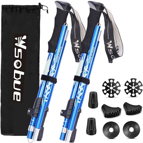 Bastónes de Senderismo,Bastón de Trekking Plegable Anti-Choque Aluminio 7075, Bastones de Marcha para Senderismo Alpinismo Trail Viaje (Azul-2 Bastones)