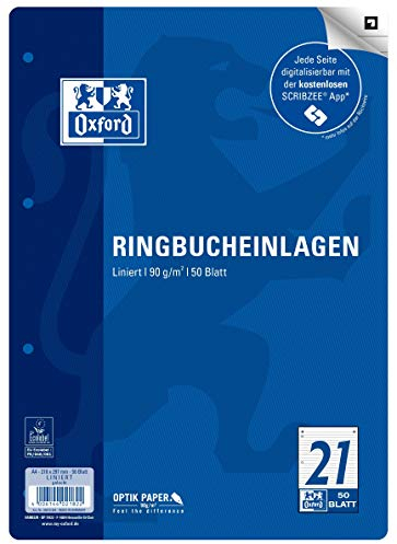 Oxford Ringbucheinlagen A4 liniert, Lineatur 21 ohne Rand, 50 Blatt