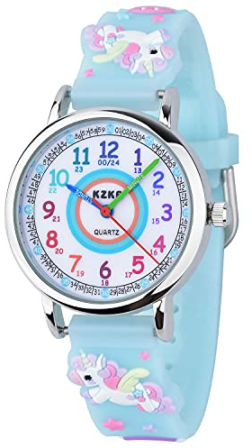 KZKR Montre Enfant Fille Montre Bracelet Éducative pour Enfants Time Teacher Analogique avec Exercices,Mécanisme en Quartz Japonais,Facile d’Apprendre (Bleu)