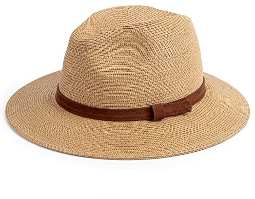 DRESHOW Women Straw Panama Hat Fedora Beach Sun Hat Wide Brim Roll up Hat UPF 50+