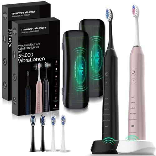 Tristan Auron Doppelpack Schallzahnbürste 55000 VPM + UV Case - 60 Tage Akku - 5 Putzmodi - IPX7 Wasserdicht - Ladegerät für elektrische Zahnbürste (Schwarz+Pink)