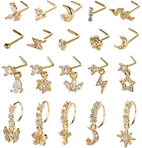 SAMOCO 20Pcs 20G Dangle Nose Ring L Shaped Dangling Nose Stud for Women Stainless Steel Nose Ring Studs CZ Flower Dangle Nose Rings Hoops Nose Piercing