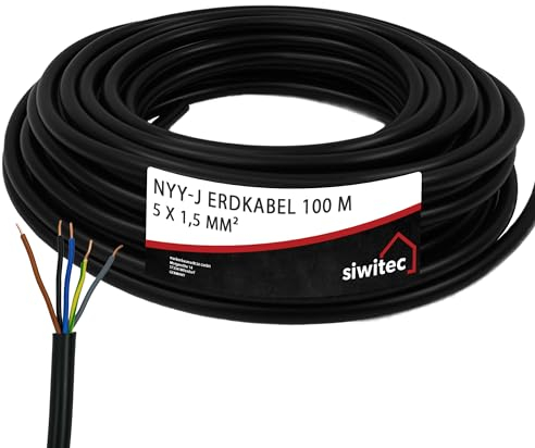 siwitec NYY-Kabel, NYY-J 5x1,5 mm², 100 m, Erdkabel, Installationskabel, Erdleitung, Kabelring - Made in Germany