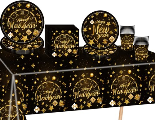 69 Pezzi Set Stoviglie per Feste di Capodanno,Nero Dorato Piatti Tazze Asciugamani di Carta Tovaglia Plastica Stoviglie Monouso Biodegradabili,Decorazione Desktop per Feste di Compleanno,Capodanno