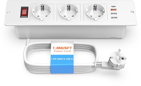 Ohuo Tischsteckdose 3 Fach mit USB C PD 20W, Einbau Steckdosenleiste Weiß mit Schalter, Einbau Mehrfachsteckdose mit USB C und 3 USB, Tischplatte Versenkte Steckdose mit USB C Weiß