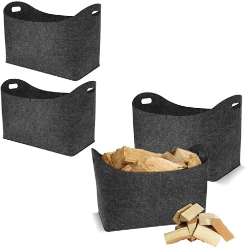 HENGMEI Lot de 4 sacs en feutre pour bois de cheminée - Pliable - Panier à bois de cheminée - Sac à provisions pour bois de cheminée - Sac à anses pour bois de cheminée et journaux - Dimensions : 55 x