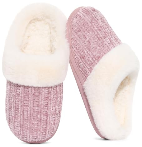 Evshine Women's Warm Knit House Slippers, Memory Foam Indoor Outdoor Soles | Comfy Fleece Lined, Fluffy Faux Fur, Anti-slip, Machine washable,Indoor & Outdoor, Gifts