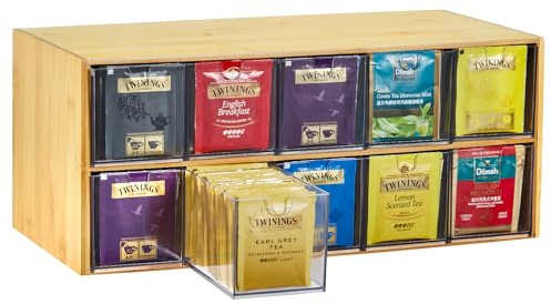 TIMIEEYA Tea Bag Organizer - Bamboo Tea Storage Organizer With Drawer 2 Layer, Tea Organizer for Tea Bags Natural Wood & Acrylic for Countertop Office Kitchen Cabinet Pantry
