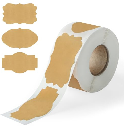 300PCS Kraft Brown Labels 2x1.2 Inch - Blank Self-Adhesive Stickers for Mason Jars, Bottles, Gift Wrapping, Food Storage & Crafts (Writable, Vintage Style, 3 Designs)