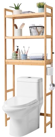 VEVOR Aufbewahrung über der Toilette, 3-stufiger Verstellbarer Badezimmer-Organizer über der Toilette, Aufbewahrungsregal aus Bambus mit 3 Haken, freistehender, leicht zu Wäscheplatzsparer