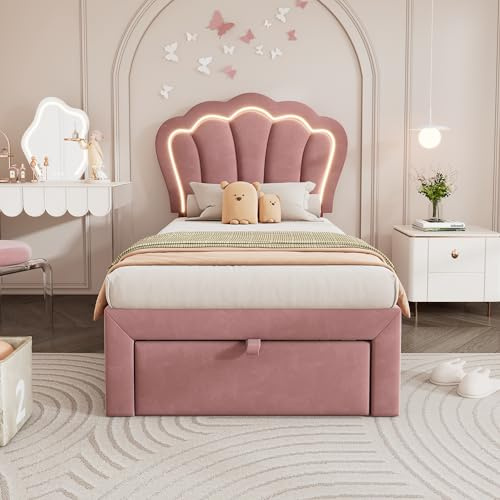 Cama individual LED para niños con cajones, tapizada APP Control LED, somier de láminas y cabecero ajustable, marco de cama juvenil, terciopelo rosa (90 x 190 cm)