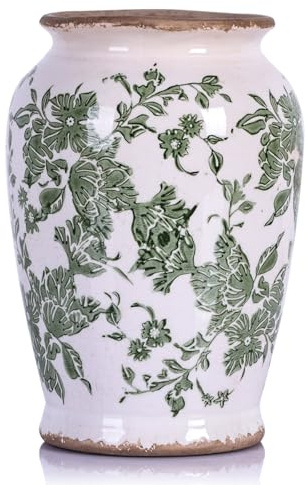 oliruim Jarrón de cerámica floral verde vintage, jarrón de flores rústico para decoración pastoral del hogar, sala de estar, centros de mesa, estantes, mesas de chimenea, jarrón de cerámica agrietada