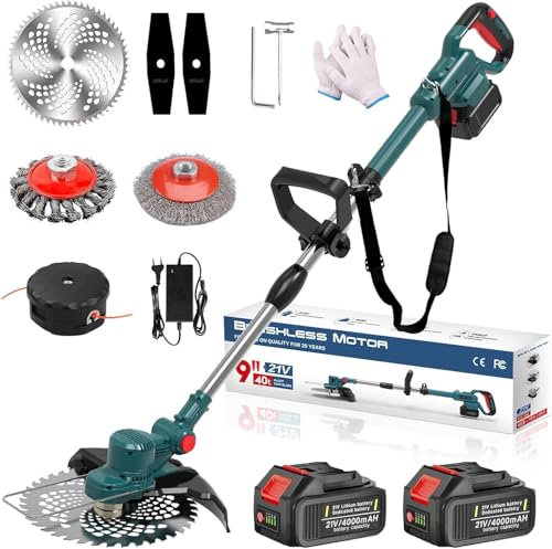 Five liters Rasentrimmer mit Akku 21 V, Freischneider Akku, Freischneider mit Unkrautbürste, 4-in-1 Rasentrimmer Akku, teleskopischer Griff für den Garten, Rasen- und Unkrautbeschnitt, Grün