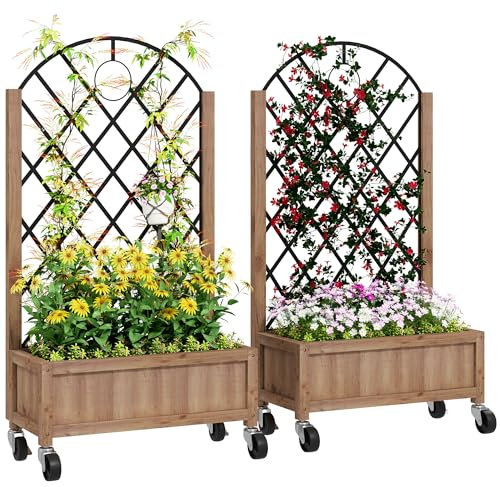 Outsunny Raised Garden Bed with Metal Trellis, Pack of 2 Wooden Elevated Planter Box with Wheels and Drainage Holes, Outdoor Raised Planter for Climbing Plants, Fruits, Vegetables, Flowers, Brown