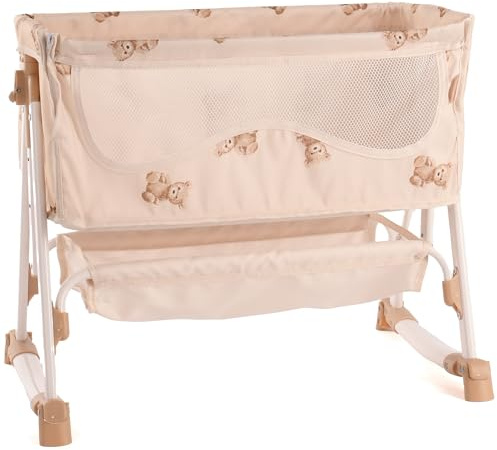 Roma Dolls Bedside Crib - Foldable Kids Toys with Cute Aesthetic, Adjustable Heights, Storage Basket - Baby Doll Rocking or Stationary Crib for Dolls up to 45cm, Ages 3 (Teddy)