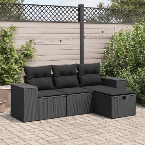 IKAYAA Muebles Jardin Exterior con Almacenamiento de Ratán 4 Piezas, Muebles de Jardín, Muebles de Terraza, Sofa Exterior de Ratán, Sofá Jardín, Conjunto Terraza con Cojines Negro