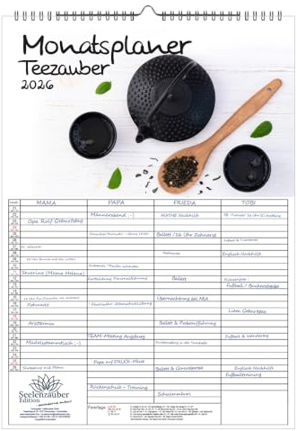 Teezauber Planificador familiar de 4 columnas, DIN A3, calendario para té 2026, juego: 1 calendario, 1 colgante de Navidad (2 piezas en total)