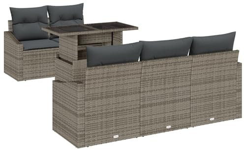 vidaXL Juego de Sofá de Jardín de 6 Piezas con Cojines Grises de Ratán Sintético - Mueble Modular Chido para Patio, Balcón, Terraza y Salón