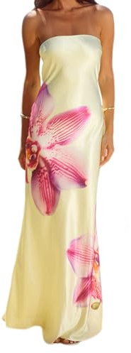 Robe longue moulante sans bretelles pour femme - Imprimé floral - Dos nu - Sans manches - Épaules dénudées - Robe longue bandeau - Robe d'été pour fête et club