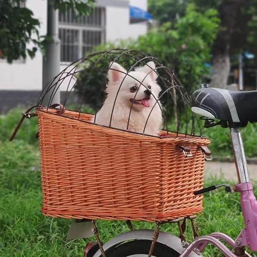 Panier de vélo en osier pour chats et chiens – Support arrière avec housse en maille métallique – Idéal pour voyager en toute sécurité et pratique